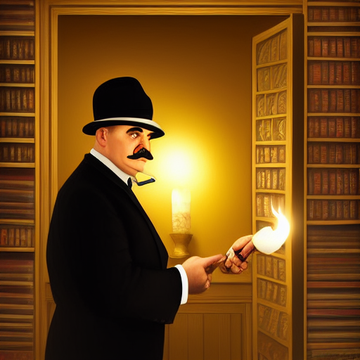 Poirot holding up a candle to the wall, revealing a hidden lever that opens a secret door to a dimly lit room filled with books, files, and other suspicious objects.